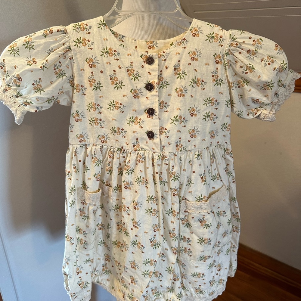 Floral Button-Up Dress Vintage cotton pockets smock and lace